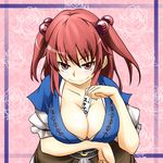  breasts brown_eyes brown_hair clearfile cleavage hair_bobbles hair_ornament holding large_breasts looking_at_viewer onozuka_komachi paper red_hair smile solo touhou translation_request two_side_up 