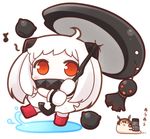  :d =_= boots chibi commentary covered_mouth dress eighth_note holding horns i-class_destroyer kantai_collection kuchiku_i-kyuu long_hair looking_at_viewer mittens musical_note mutsu_(kantai_collection) mutsu_(snail) naturalton northern_ocean_hime open_mouth orange_eyes red_footwear rubber_boots shinkaisei-kan simple_background smile teruterubouzu umbrella white_background white_dress white_hair 
