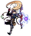  armor blonde_hair bow_(weapon) copyright_request earrings electricity energy_ball eyepatch fantasy forehead_protector full_armor full_body gauntlets glowing glowing_eye greaves highres jewelry long_hair pointy_ears red_eyes solo steward_b weapon white_background 