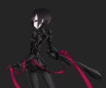  arm_cannon black_background black_hair black_sclera blame! bow cyberpunk cyborg from_behind graviton_beam_emitter gun kazuoki looking_back red_eyes red_ribbon ribbon sanakan science_fiction short_hair simple_background solo weapon 