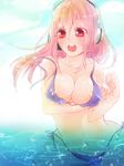  bikini blush breasts cleavage headphones kotono_(momonoha4213) large_breasts long_hair midriff navel nitroplus pink_hair red_eyes solo super_sonico swimsuit wardrobe_malfunction 