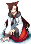  animal_ears blush brooch brown_hair dress fang fingernails imaizumi_kagerou jewelry kumadano long_fingernails long_hair long_sleeves nail_polish open_mouth red_eyes simple_background sitting solo touhou very_long_hair white_background wide_sleeves wolf_ears 