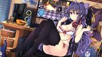  benghuai_xueyuan black_legwear bra breasts candy cellphone chips cleavage computer controller cpu dell drawer dualshock electric_fan fan food game_console game_controller gamepad guitar hair_ribbon headphones headphones_around_neck holding instrument jianren large_breasts lollipop long_hair monitor panties phone purple_eyes purple_hair raiden_mei ribbon school_uniform serafuku smile solo speaker thighhighs underwear underwear_only 