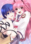  1girl angel_beats! blue_eyes blue_hair carrying highres hinata_(angel_beats!) long_hair pink_eyes pink_hair princess_carry sakuno_ririsu school_uniform serafuku shinda_sekai_sensen_uniform short_hair two_side_up yui_(angel_beats!) 