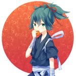  bad_id bad_pixiv_id bandages blue_eyes blue_hair food fruit japanese_clothes male_focus persimmon ponytail sayo_samonji solo tomachi_(mugi) touken_ranbu 