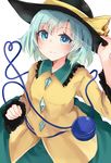  aqua_hair blue_eyes hand_on_headwear hat heart heart_of_string highres komeiji_koishi looking_at_viewer monobe_tsukuri short_hair simple_background smile solo third_eye touhou white_background 