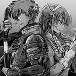  1girl armor ashigara_(kantai_collection) back-to-back bad_id bad_pixiv_id crossover doudanuki_masakuni fudeyama_(fudeco) gloves greyscale grin hairband japanese_armor kantai_collection katana monochrome scar shoulder_armor smile sode sword touken_ranbu trait_connection weapon 