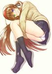  ahoge ass bangs black_legwear blunt_bangs blush brown_hair buttons cardigan fetal_position from_above from_side full_body green_eyes hair_over_shoulder hair_ribbon heterochromia kneehighs leg_hug light_smile long_hair long_sleeves looking_at_viewer low_twintails lying miniskirt no_shoes on_side panties pantyshot pantyshot_(lying) plantar_flexion pleated_skirt purple_eyes ribbon ryoubi_(senran_kagura) school_uniform senran_kagura senran_kagura_shinovi_versus shadow simple_background skirt smile solo twintails underwear very_long_hair white_background yuuji_(and) 