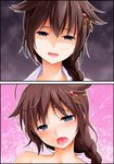  absurdres blue_eyes blush braid brown_hair commentary_request empty_eyes fang gesugao hair_flaps hair_ornament hair_over_shoulder heart heart-shaped_pupils highres instant_loss_2koma kantai_collection open_mouth remodel_(kantai_collection) shigure_(kantai_collection) single_braid symbol-shaped_pupils torogao umakuchi_shouyu yandere 
