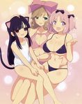  3girls absurdres black_hair breasts cat_ears flat_chest haruka_(senran_kagura) hibari_(senran_kagura) highres large_breasts mirai_(senran_kagura) multiple_girls pink_hair ribbon senran_kagura swimsuit 