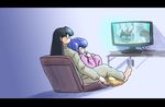  2boys alternate_costume barefoot black_hair blue_hair cameo casual chips creator_connection eating food glasses kyoukai_no_rinne letterboxed long_hair mamiya_sakura mousse multiple_boys pants potato_chips ranma_1/2 rokudou_rinne rokumon shampoo_(ranma_1/2) sitting sitting_on_lap sitting_on_person sweatpants sweatshirt television wanta_(futoshi) watching_television 