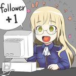  :d blonde_hair computer cravat drawfag english eyebrows flower glasses grey_background happy heart heart_in_mouth keyboard_(computer) long_hair long_sleeves lowres military military_uniform monitor open_mouth perrine_h_clostermann rimless_eyewear shirt smile solo speech_bubble strike_witches uniform upper_body world_witches_series yellow_eyes 