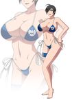  1girl ahoge barefoot bikini black_eyes black_hair blue_bikini breasts cameltoe cleavage devil-v erect_nipples hair_over_one_eye huge_breasts maria_hill marvel navel open_mouth short_hair side-tie_bikini solo standing strap_gap swimsuit thigh_strap zoom_layer 