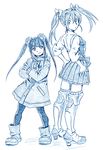  aoki_hagane_no_arpeggio back-to-back bbb_(friskuser) blue boots coat crossover hair_ribbon height_difference highres japanese_clothes kantai_collection long_hair monochrome multiple_girls muneate namesake pantyhose ribbon simple_background twintails white_background zuikaku_(aoki_hagane_no_arpeggio) zuikaku_(kantai_collection) 