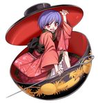  bowl dress holding_needle japanese_clothes kimono kumadano long_sleeves looking_at_viewer needle obi object_on_head open_mouth purple_hair red_dress red_eyes ribbon sash short_hair simple_background smile solo sukuna_shinmyoumaru touhou white_background wide_sleeves 