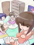  90s :o apron bed bedroom blue_hair brown_eyes brown_hair chest_of_drawers fisheye from_above indoors long_hair looking_at_viewer looking_back looking_up multiple_girls pointing poster_(object) ranma_1/2 short_hair shorts siblings sisters sitting surprised tendou_akane tendou_kasumi tendou_nabiki wanta_(futoshi) 