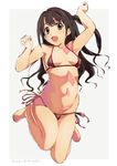  arms_up baba_arumi barefoot bikini breasts brown_eyes brown_hair dated floating_hair full_body halterneck idolmaster idolmaster_cinderella_girls legs_folded long_hair navel one_side_up open_mouth shimamura_uzuki side-tie_bikini simple_background small_breasts smile solo swimsuit white_background 