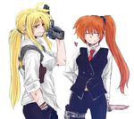  beretta_92 blonde_hair fate_testarossa gun hair_ribbon handgun highres knife long_hair lyrical_nanoha mahou_shoujo_lyrical_nanoha mahou_shoujo_lyrical_nanoha_strikers matsuri_kyuuta multiple_girls pistol ponytail red_eyes ribbon side_ponytail takamachi_nanoha very_long_hair weapon 