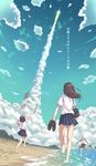  5_centimeters_per_second aki_(akisora_hiyori) arms_up bag barefoot beach brown_hair cloud commentary_request condensation_trail dated day from_behind highres long_hair multiple_girls original outdoors plaid plaid_skirt rocket school_bag school_uniform shoes_removed short_hair skirt sky translation_request twintails water 