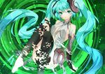  aqua_eyes aqua_hair bad_id bad_pixiv_id barefoot bridal_gauntlets colorized elbow_gloves fingerless_gloves gloves hatsune_miku hatsune_miku_(append) levka long_hair looking_at_viewer necktie solo thighhighs twintails very_long_hair vocaloid vocaloid_append yamai_fake 