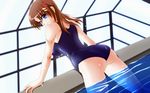  ass blue_eyes brown_hair hair_ornament highres long_hair lyrical_nanoha mahou_senki_lyrical_nanoha_force one-piece_swimsuit rei_no_pool solo swimsuit tappa_(esperanza) wading x_hair_ornament yagami_hayate 