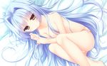  areolae bed_sheet blue_hair brown_hair chuunibyou_na_kanojo_no_love_equation feet_out_of_frame fetal_position flat_chest hair_intakes hoshino_spica light_blue_hair long_hair nipples official_art panties side-tie_panties solo striped striped_panties topless underwear underwear_only yukie_(peach_candy) 