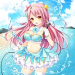  beach blush breasts crown day detached_collar gloves kidatsu!_dungeons_lord large_breasts long_hair microphone midriff mini_crown navel official_art outdoors pink_hair riko_(kujira215) smile solo thighhighs water yellow_eyes 