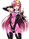  :d blue_eyes bodysuit breasts choker collarbone cosplay cowboy_shot g_gundam gundam gundam_seed gundam_seed_destiny hair_ornament leotard long_hair medium_breasts meer_campbell mobile_trace_suit navel open_mouth pink_bodysuit pink_hair rain_mikamura rain_mikamura_(cosplay) sen_(sansui) simple_background skin_tight smile solo v very_long_hair white_background 