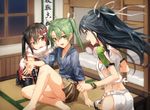  :d all_fours bare_legs barefoot bed black_hair blue_eyes brown_eyes bunk_bed from_behind gloves hair_ribbon hanging_scroll highres japanese_clothes kantai_collection katsuragi_(kantai_collection) long_hair multiple_girls on_floor open_mouth ponytail profile remodel_(kantai_collection) ribbon scarf scroll sendai_(kantai_collection) short_hair short_twintails sitting skirt skirt_lift smile tatami thighhighs tugo twintails white_scarf zuikaku_(kantai_collection) 
