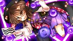  :d brown_hair cape clothes_writing glasses gloves hat highres mirei_(miirei) occult_ball open_mouth shirt short_hair skirt smile solo touhou usami_sumireko vest zener_card 