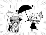 &gt;_&lt; :d :o animal_ears bad_id bad_pixiv_id bow cat_ears cat_tail chen chibi closed_eyes demekyon greyscale hair_bow hat jewelry leaf_umbrella mob_cap monochrome multiple_girls multiple_tails mundane_utility nekomata open_mouth rain rumia short_hair short_sleeves single_earring smile solid_circle_eyes tail touhou two_tails umbrella xd 