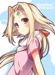  blonde_hair blush copyright_name facial_mark fiona_(zoids) forehead_mark long_hair looking_at_viewer nozomi_tsubame red_eyes smile solo upper_body zoids zoids_chaotic_century 