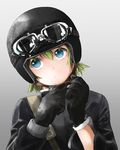  adjusting_headwear blonde_hair blue_eyes goggles gradient gradient_background grey_background helmet highres imai_hiyoko jacket motorcycle_helmet original short_hair solo 