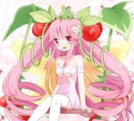  alraune_(p&amp;d) alternate_color bad_id bad_pixiv_id bare_shoulders cherry collarbone dress drill_hair flower food fruit hair_flower hair_ornament leaf long_hair open_mouth pink pink_eyes pink_hair plant_girl puzzle_&amp;_dragons sitting smile solo strapless strapless_dress swing thighhighs very_long_hair white_legwear yui_(kanatamoo) 