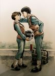  1girl absurdres black_hair briefcase brown_hair can colored_pencil_(medium) couple gaiters graphite_(medium) hand_on_another's_head helmet highres holding izumi_noa kidou_keisatsu_patlabor leaning_forward light_smile looking_at_another necktie patting shinohara_asuma short_hair traditional_media uirina uniform 