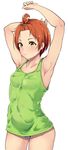  :/ alp alternate_hairstyle arm_behind_head armpits arms_up bare_shoulders blonde_hair blue_panties breasts cowboy_shot hoshizora_rin love_live! love_live!_school_idol_project no_pants orange_hair panties scrunchie short_hair simple_background small_breasts solo sweat tank_top topknot underwear white_background yellow_eyes 