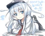  arm_support black_legwear blue_eyes blurry blush character_name depth_of_field full_body hat hibiki_(kantai_collection) highres kantai_collection light_smile long_hair looking_at_viewer lying on_stomach panties panties_around_ankles panty_pull pantyhose school_uniform serafuku simple_background solo translated underwear white_background white_hair yufuissei0702 