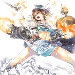  :o abs black_gloves blue_eyes breasts brown_hair cannon clenched_hands collarbone cowboy_shot firing frown gloves hair_ornament hat headgear kantai_collection looking_to_the_side maya_(kantai_collection) mecha_musume medium_breasts midriff miniskirt no_bra nogiguchi_kohiro open_mouth remodel_(kantai_collection) school_uniform serafuku serious shirt short_hair skirt sleeveless sleeveless_shirt solo spread_legs standing turret underboob v-shaped_eyebrows 