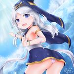  armpits ashe_(league_of_legends) ass bad_id bad_pixiv_id blue_eyes breasts cape character_name cloud dated day dress from_behind hat kinom_(sculpturesky) league_of_legends long_hair looking_back panties pointing sideboob silver_hair sky small_breasts smile solo thighhighs underwear 