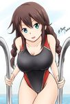  braid breasts brown_hair cleavage competition_swimsuit fuuma_nagi green_eyes highleg highleg_swimsuit kantai_collection large_breasts long_hair looking_at_viewer noshiro_(kantai_collection) one-piece_swimsuit pool solo swimsuit twin_braids twitter_username 