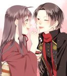  1girl applying_makeup brown_hair cosmetics earrings female_saniwa_(touken_ranbu) finger_to_another's_mouth japanese_clothes jewelry kashuu_kiyomitsu long_hair mole mole_under_mouth one_eye_closed pinky_out ponytail red_eyes red_scarf saniwa_(touken_ranbu) scarf smile touken_ranbu yuzu-oni 