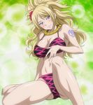  bare_shoulders bikini blonde_hair blue_eyes blush breasts cleavage earrings fairy_tail female flower gold hair_flower hair_ornament highres jenny_realight jewelry large_breasts long_hair navel necklace screencap smile solo stitched swimsuit tattoo 