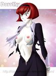 1girl android areolae bangs blush bob_cut bra breasts brown_eyes brown_hair character_name collarbone dress hairband jorge_cabellos navel nipples pale_skin r_dorothy_wayneright red_hair robot short_hair small_breasts solo teeth the_big_o torn_clothes underwear 