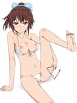  1girl _hair barefoot bikini bikini_pull bikini_top_pull blue_eyes blush breasts brown_hair cameltoe feet female glasses glasses_removed hair_ribbon ichihisa kikaijima_mogana medaka_box navel nipples open_mouth ponytail ribbon sitting solo swimsuit 