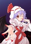  ascot bat_wings blood bloody_hands blush bow finger_licking hat hat_bow lavender_hair licking nekohane_ryou one_eye_closed red_eyes remilia_scarlet solo touhou wings 