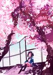 artist_name bag cherry_blossoms closed_eyes commentary_request dated original outdoors pleated_skirt purple_hair school_bag school_uniform short_hair sitting skirt solo stairs tree u35 