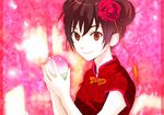  axis_powers_hetalia brown_eyes brown_hair china_(hetalia) china_dress chinese_clothes double_bun dress flower food fruit genderswap genderswap_(mtf) hair_flower hair_ornament holding holding_food holding_fruit lotus_(elico) peach red_dress short_hair short_sleeves smile solo upper_body 