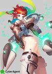  bangs blunt_bangs breasts funnels highres impossible_clothes impossible_leotard leotard mecha_musume medium_breasts million_chain official_art pauldrons pink_eyes red_hair scarf short_hair skin_tight solo thighhighs thrusters tomoyuki_kotani 
