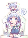  2girls 3: :3 animal_ears blue_dress blue_eyes braid breasts chair chibi chibi_on_head dog_ears dog_tail dress dual_persona frown heart highres inu_sakuya izayoi_sakuya juliet_sleeves kemonomimi_mode large_breasts long_sleeves maid maid_headdress minigirl multiple_girls on_head puffy_sleeves shirt silver_hair sitting smile table tail takahero tareme touhou twin_braids 