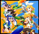  2girls :d :o arm_warmers battle bike_shorts blonde_hair blue_eyes blue_hair border brother_and_sister crossover domino_mask fangs goggles goggles_on_head gun hair_ornament hairband hairclip headphones ink_tank_(splatoon) inkbrush_(splatoon) inkling kagamine_len kagamine_rin leg_warmers long_sleeves mask monster_boy multiple_boys multiple_girls necktie open_mouth paint paint_roller paintbrush pointy_ears ponytail reki_(arequa) ribbon rifle scope shorts siblings sleeveless smile sniper_rifle splat_charger_(splatoon) splat_roller_(splatoon) splatoon_(series) splatoon_1 splattershot_(splatoon) super_soaker tattoo tentacle_hair tied_hair twins vocaloid weapon white_ribbon 